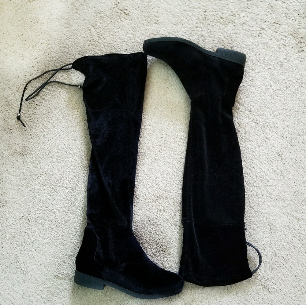 Black Velvet Knee High Boots With Tie Back